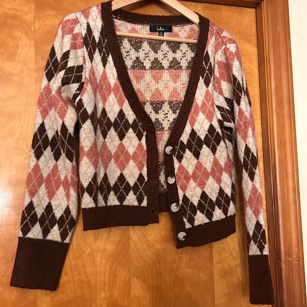 Lulus preppy pink and brown diamond pattern chunky knit cardigan sweater S/M